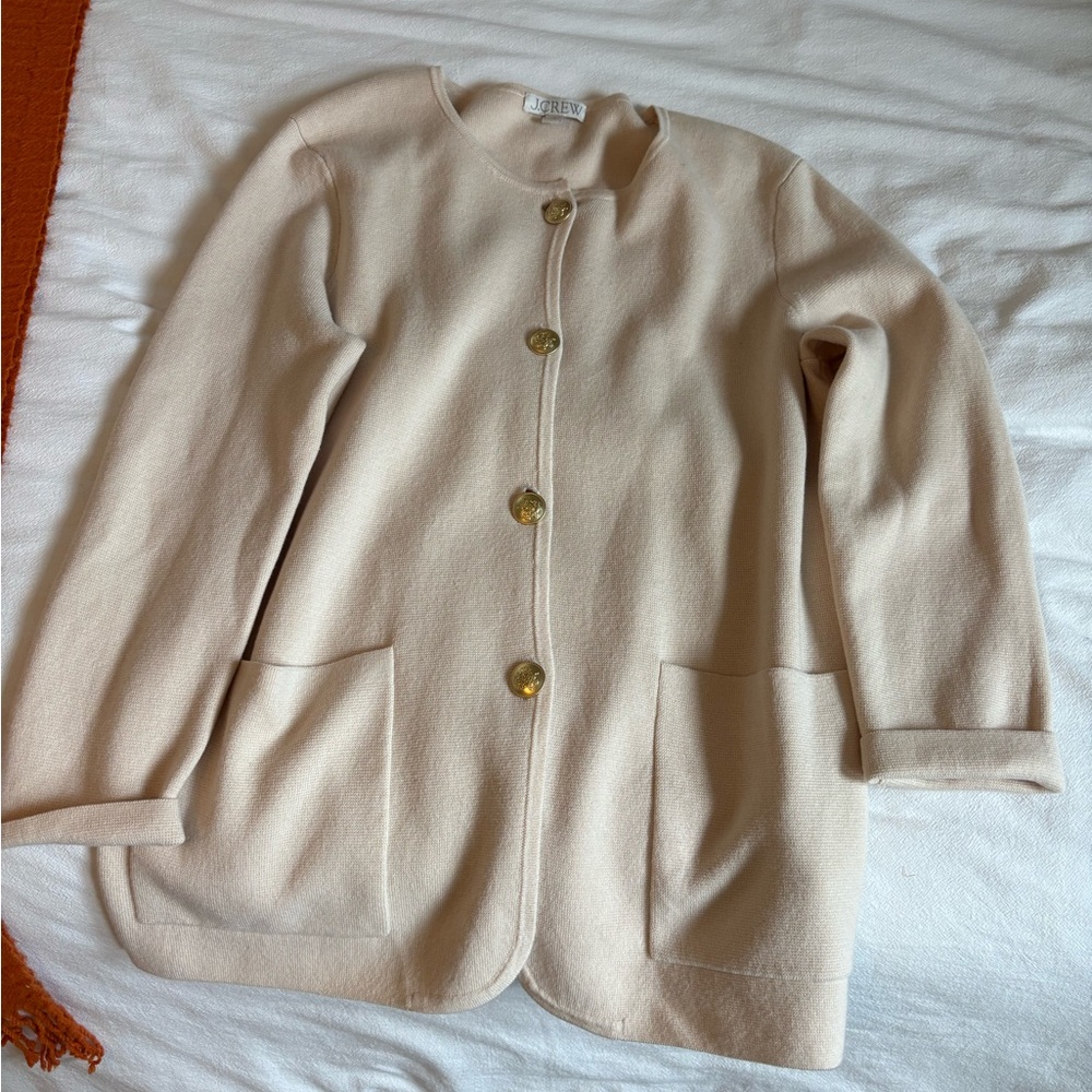 J. Crew Cream Collarless Button Jacket with Gold Buttons